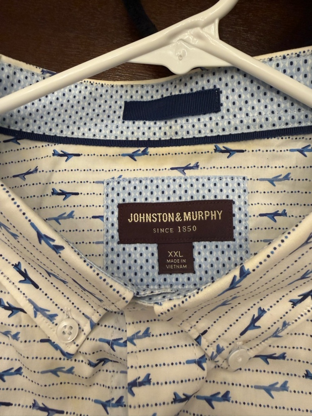 Johnston & Murphy White Button-Down Shirt with Blue Airplane Print